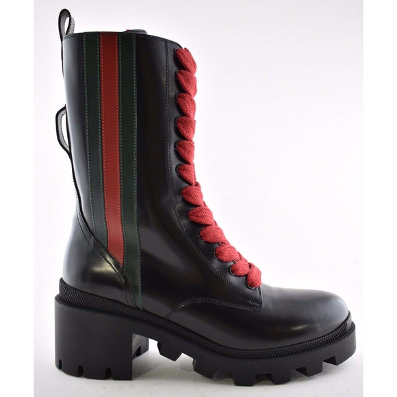 Gucci Trip Black Leather Red Green Web Stripe Mid Calf Block Heel Combat Boot 35 - Picture 3 of 12